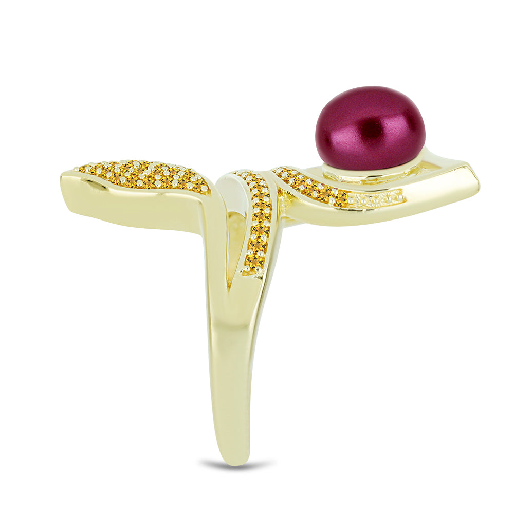 Pozlacené Stříbro 925/1000 - Prsten s Fialová Sladkovodní Perlou a Uralským Citrínem - Karátové číslo: 2.91. přibližná hmotnost: 6.32 gramů