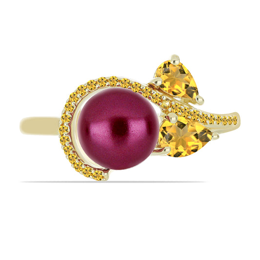 Pozlacené Stříbro 925/1000 - Prsten s Fialová Sladkovodní Perlou a Uralským Citrínem - Karátové číslo: 3.33. přibližná hmotnost: 3.43 gramů