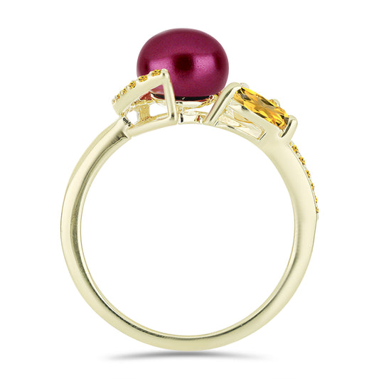 Pozlacené Stříbro 925/1000 - Prsten s Fialová Sladkovodní Perlou a Uralským Citrínem - Karátové číslo: 3.33. přibližná hmotnost: 3.43 gramů