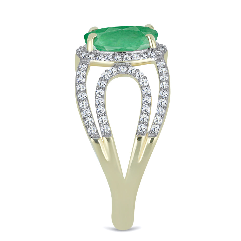 Pozlacené Stříbro 925/1000 - Prsten s Brazilským Smaragdem a Bílým Topazem - Karátové číslo: 3.09. přibližná hmotnost: 4.67 gramů