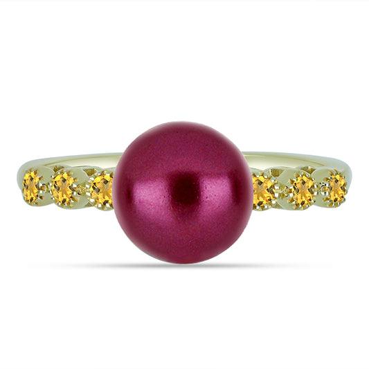 Pozlacené Stříbro 925/1000 - Prsten s Fialová Sladkovodní Perlou a Uralským Citrínem - Karátové číslo: 4.48. přibližná hmotnost: 3.48 gramů