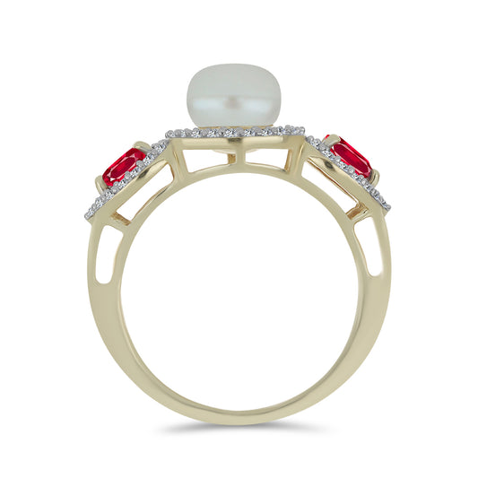 Pozlacené Stříbro 925/1000 - Prsten s Bílou Sladkovodní Perlou a Madagaskarským Rubínem - Karátové číslo: 4.13. přibližná hmotnost: 5.09 gramů