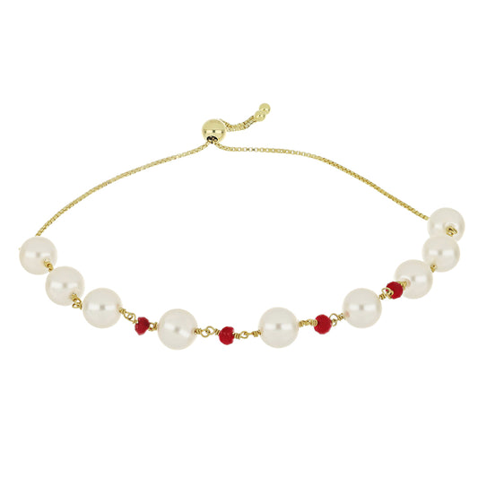 Pozlacené Stříbro 925/1000 - Náramek s Bílou Sladkovodní Perlou a Madagaskarským Rubínem - Karátové číslo: 30.48. přibližná hmotnost: 8.18 gramů