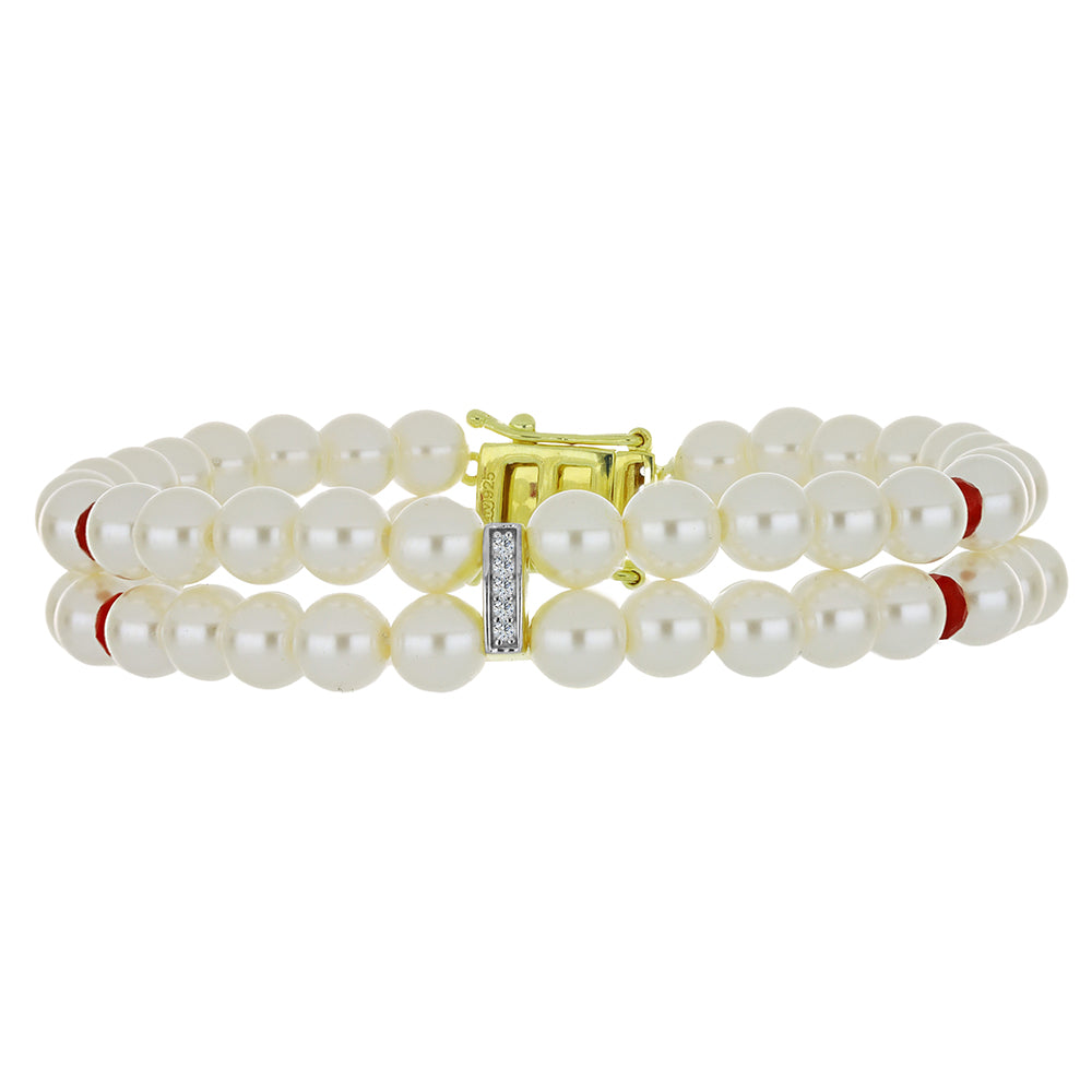 Pozlacené Stříbro 925/1000 - Náramek s Bílou Sladkovodní Perlou a Madagaskarským Rubínem - Karátové číslo: 82.16. přibližná hmotnost: 20.35 gramů