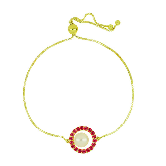 Pozlacené Stříbro 925/1000 - Náramek s Bílou Sladkovodní Perlou a Madagaskarským Rubínem - Karátové číslo: 3.95. přibližná hmotnost: 3.71 gramů