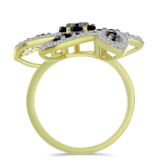 Pozlacené Stříbro 925/1000 - Prsten s Černým spinelem a Bílým Topazem - Karátové číslo: 1.63. přibližná hmotnost: 6.8 gramů