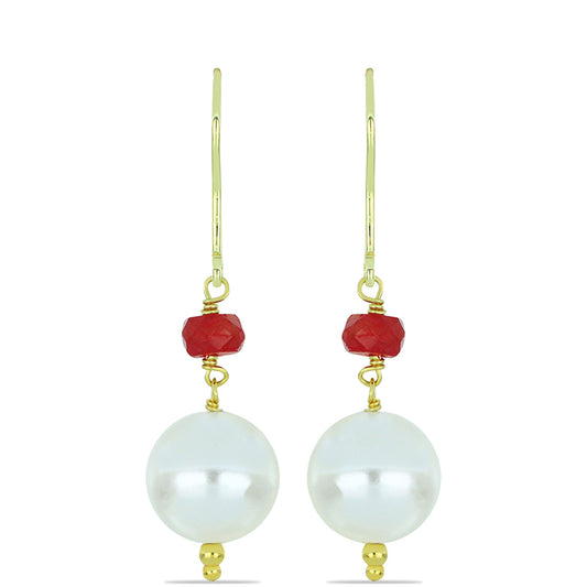 Pozlacené Stříbro 925/1000 - Náušnice s Bílou Sladkovodní Perlou a Madagaskarským Rubínem - Karátové číslo: 14.17. přibližná hmotnost: 3.85 gramů