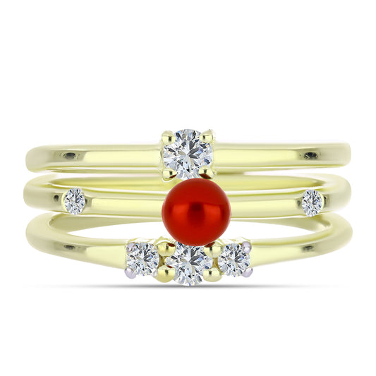 Pozlacené Stříbro 925/1000 - Sada s Červená sladkovodní Perlou a Bílým Topazem - Karátové číslo: 0.78. přibližná hmotnost: 4.58 gramů ( Prsten )