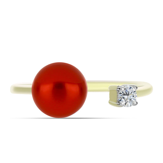 Pozlacené Stříbro 925/1000 - Prsten s Červená sladkovodní Perlou a Bílým Topazem - Karátové číslo: 2.66. přibližná hmotnost: 2.57 gramů