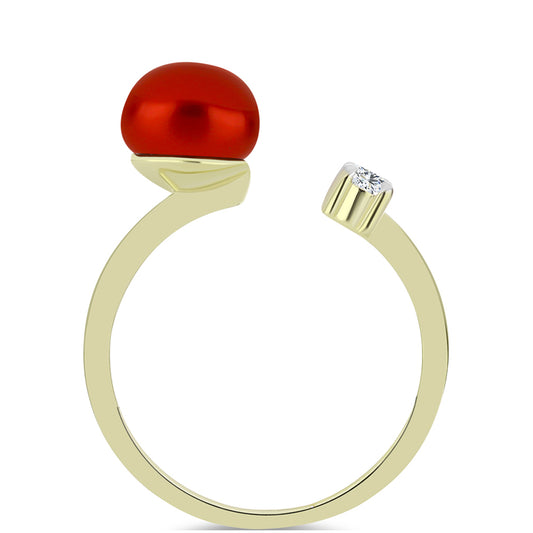 Pozlacené Stříbro 925/1000 - Prsten s Červená sladkovodní Perlou a Bílým Topazem - Karátové číslo: 2.66. přibližná hmotnost: 2.57 gramů
