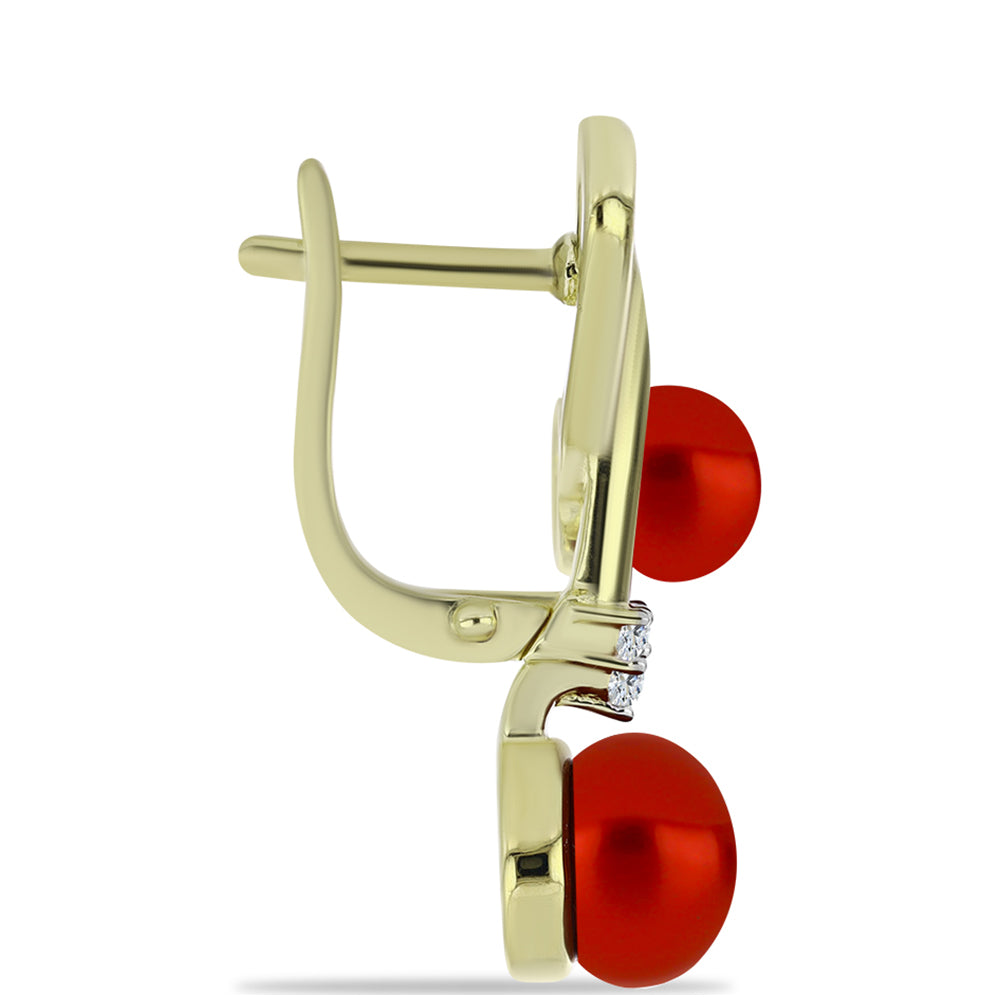 Pozlacené Stříbro 925/1000 - Náušnice s Červená sladkovodní Perlou a Bílým Topazem - Karátové číslo: 6.9. přibližná hmotnost: 6.72 gramů