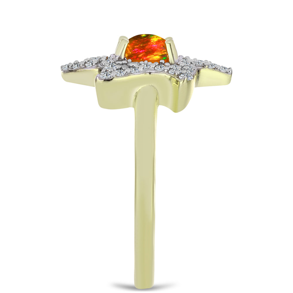 Pozlacené Stříbro 925/1000 - Prsten s Americkým Ohnivým Opálem a Bílým Topazem - Karátové číslo: 0.81. přibližná hmotnost: 3.36 gramů