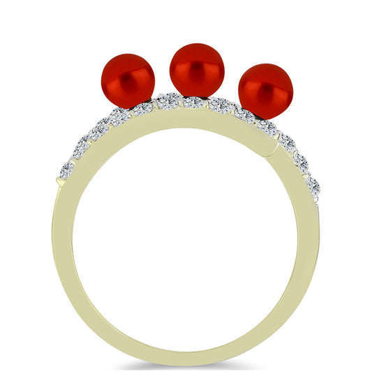 Pozlacené Stříbro 925/1000 - Prsten s Červená sladkovodní Perlou a Bílým Topazem - Karátové číslo: 2.4. přibližná hmotnost: 2.81 gramů