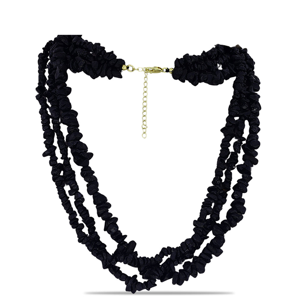 Pozlacené Stříbro 925/1000 - Náhrdelník s Černým Suwarským Onyxem - Karátové číslo: 43.41. přibližná hmotnost: 9.8 gramů