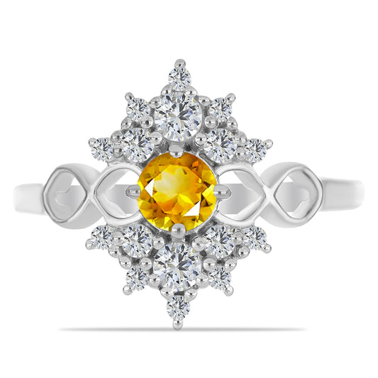 Stříbro 925/1000 - Prsten s Uralským Citrínem a Bílým Topazem - Karátové číslo: 1.08. přibližná hmotnost: 3 gramů