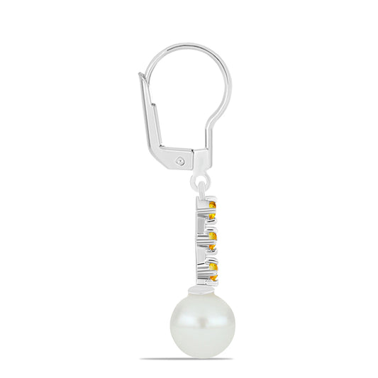 Stříbro 925/1000 - Náušnice s Uralským Citrínem a Bílou Sladkovodní Perlou - Karátové číslo: 6.27. přibližná hmotnost: 2.8 gramů