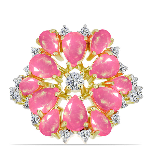 Pozlacené Stříbro 925/1000 - Prsten s Růžovým Etiopským Opálem z Lega Dembi a Bílým Topazem - Karátové číslo: 2.76. přibližná hmotnost: 6.56 gramů