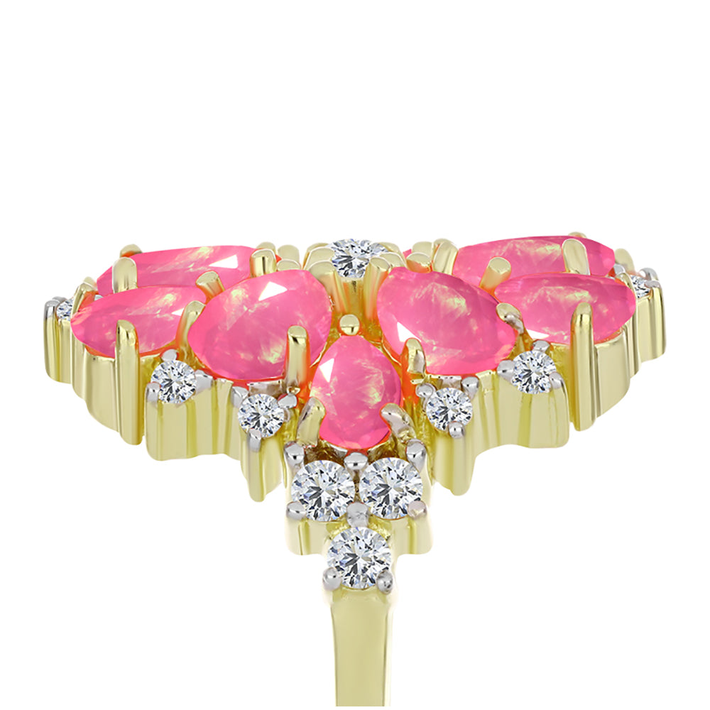 Pozlacené Stříbro 925/1000 - Prsten s Růžovým Etiopským Opálem z Lega Dembi a Bílým Topazem - Karátové číslo: 2.76. přibližná hmotnost: 6.56 gramů