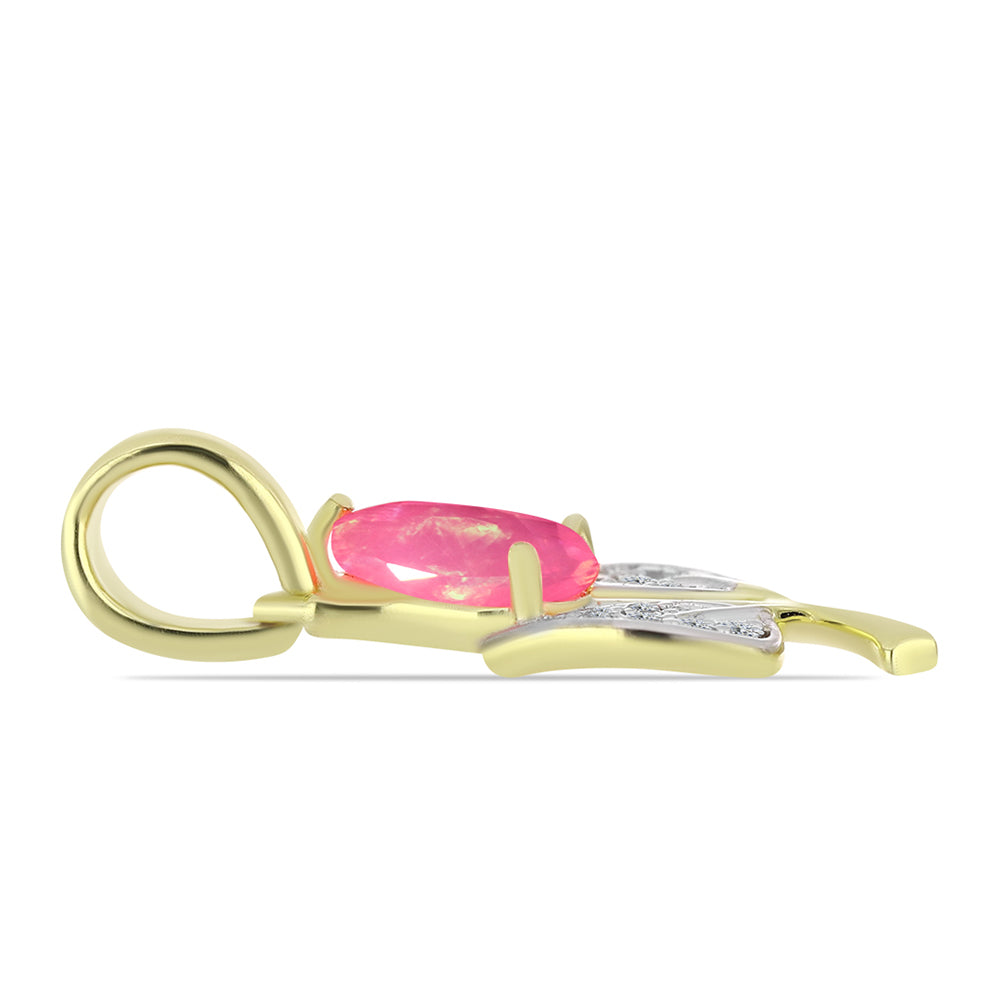 Pozlacené Stříbro 925/1000 - Přívěsek s Růžovým Etiopským Opálem z Lega Dembi a Bílým Topazem - Karátové číslo: 0.54. přibližná hmotnost: 1.22 gramů