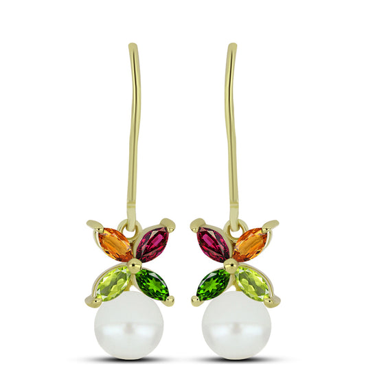 Pozlacené Stříbro 925/1000 - Náušnice s Chakra Turmalínem a Bílou Sladkovodní Perlou - Karátové číslo: 3.23. přibližná hmotnost: 2.67 gramů