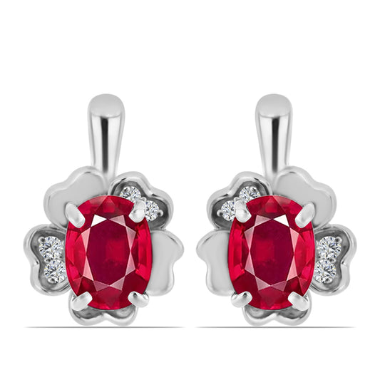 Stříbro 925/1000 Náušnice s Madagaskarským Rubínem a Bílým Topazem - Karátové číslo: 3.78. přibližná hmotnost: 5.05 gramů