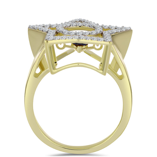 Pozlacené Stříbro 925/1000 - Prsten s Modrým tančícím diamantem a Bílým Topazem - Karátové číslo: 0.58. přibližná hmotnost: 5.08 gramů