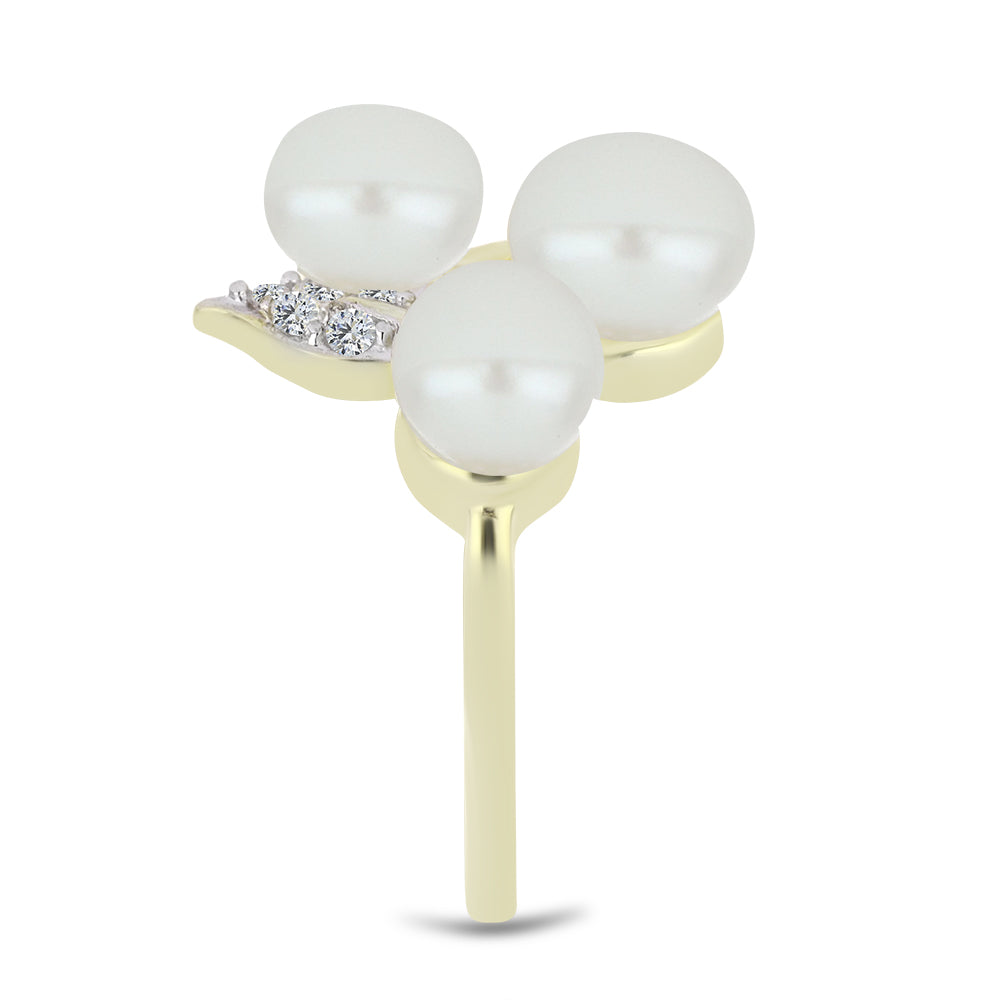 Pozlacené Stříbro 925/1000 - Prsten s Bílou Sladkovodní Perlou a Bílým Topazem - Karátové číslo: 6.37. přibližná hmotnost: 5.62 gramů