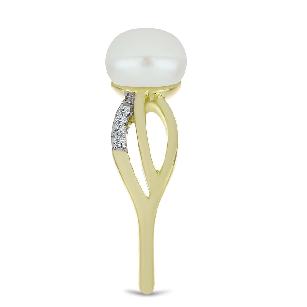 Pozlacené Stříbro 925/1000 - Prsten s Bílou Sladkovodní Perlou a Bílým Topazem - Karátové číslo: 3. přibližná hmotnost: 3.77 gramů