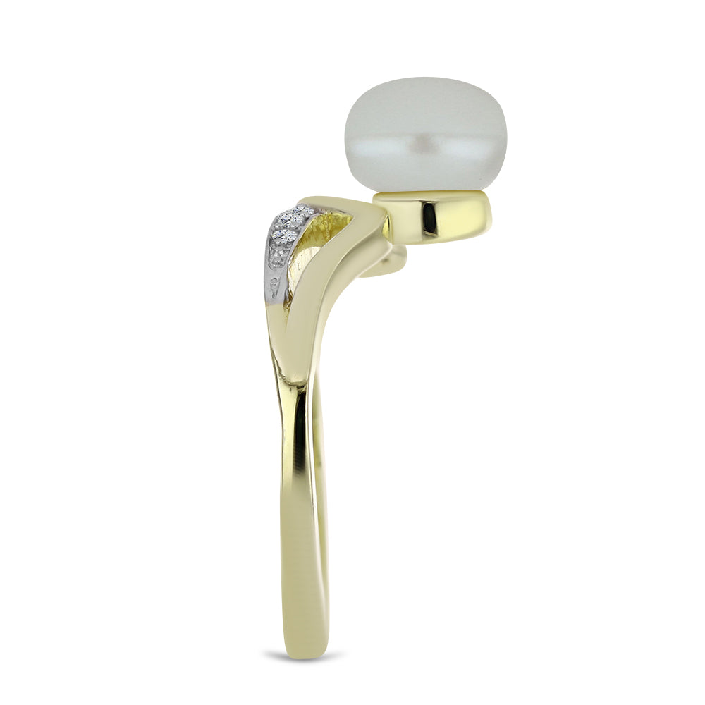 Pozlacené Stříbro 925/1000 - Prsten s Bílou Sladkovodní Perlou a Černým spinelem - Karátové číslo: 2.95. přibližná hmotnost: 3.23 gramů