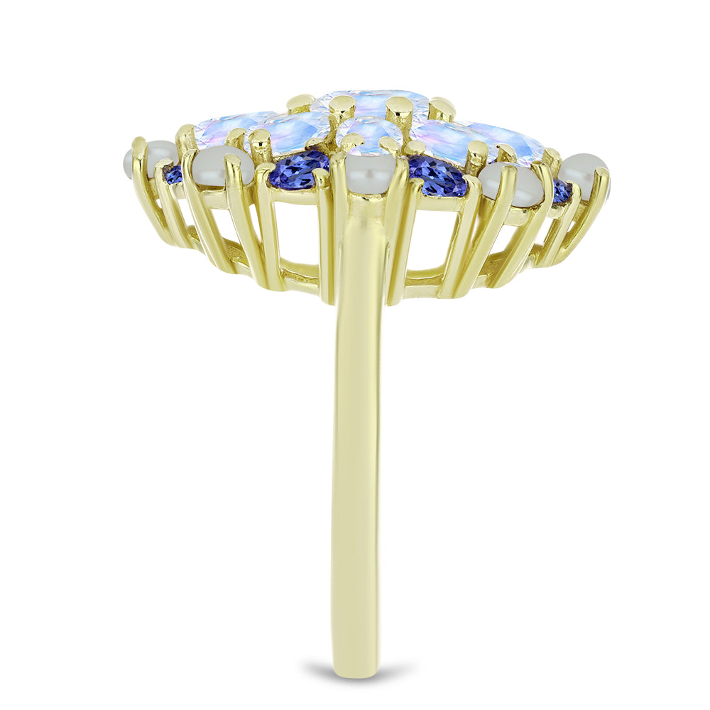 Pozlacený Stříbrný Prsten s Bílou Sladkovodní Perlou a Tanzanitem