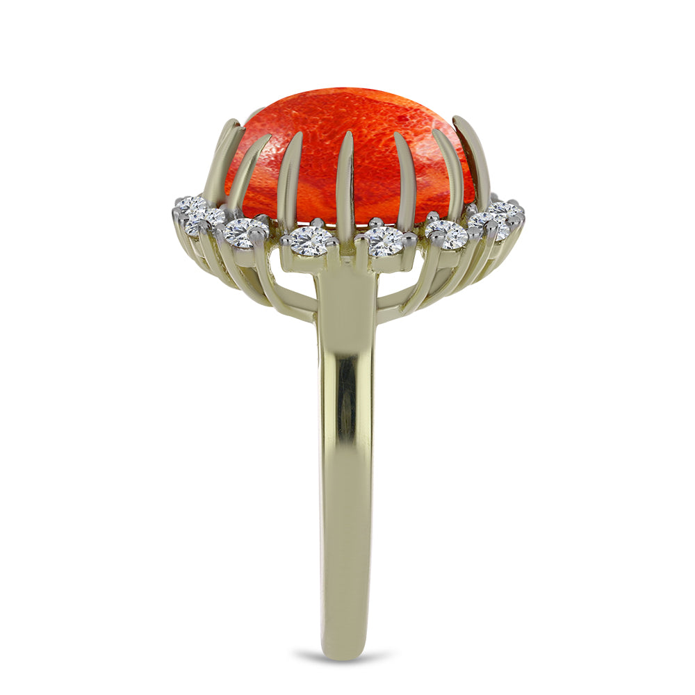 Pozlacené stříbro 925/1000 Prsten s Červeným Houbovým Korálem a Bílým Topazem - Karátové číslo: 5.88. přibližná hmotnost: 5.43 gramů