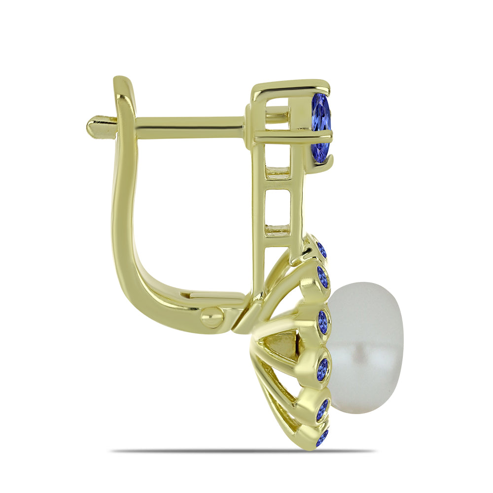 Pozlacené stříbro 925/1000 Náušnice s Bílou Sladkovodní Perlou a Tanzanitem - Karátové číslo: 6.36. přibližná hmotnost: 6.96 gramů