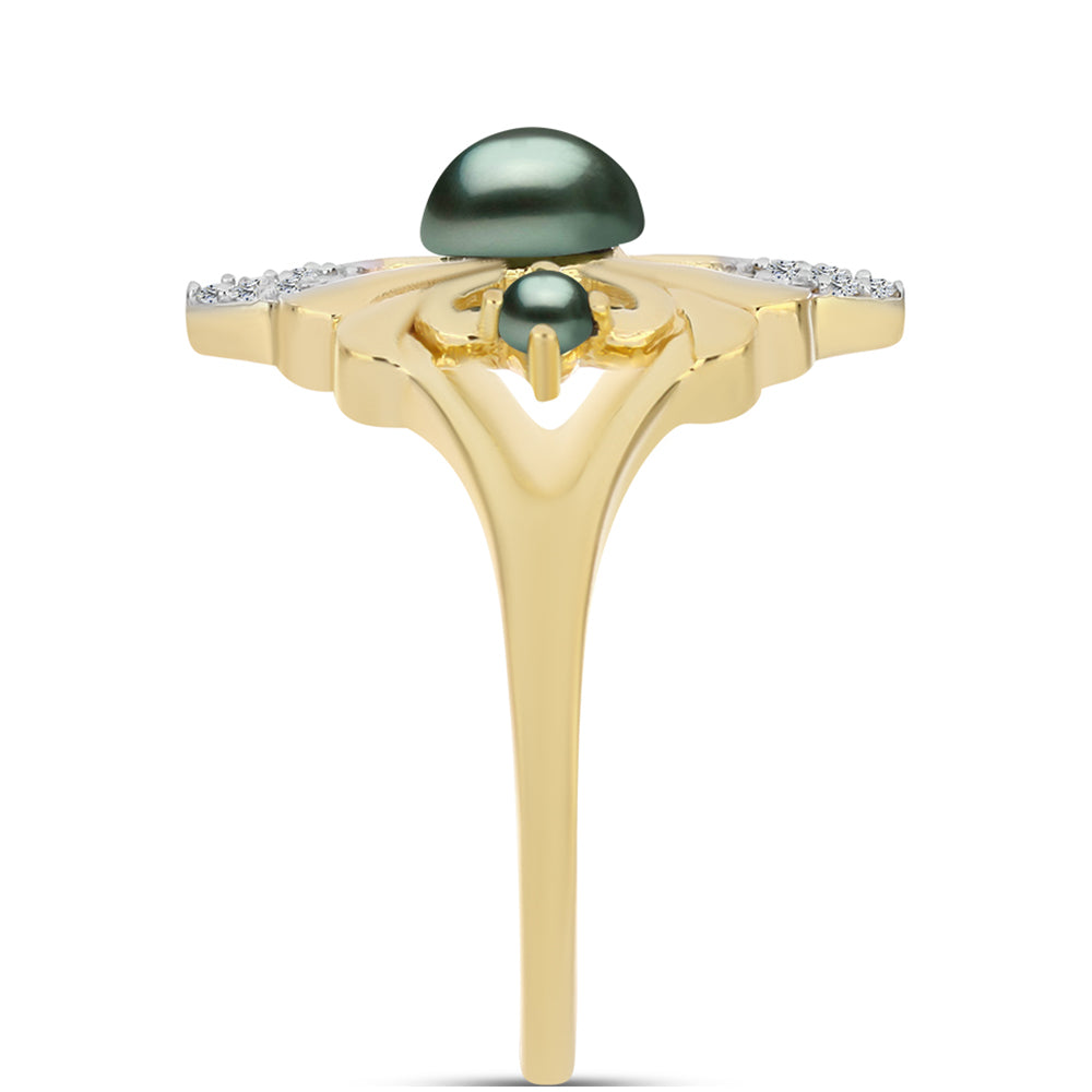 Pozlacené stříbro 925/1000 Prsten se Sladkovodní perlou v podobě Tahitské zelené iluze a Bílým Topazem - Karátové číslo: 0.46. přibližná hmotnost: 3.65 gramů
