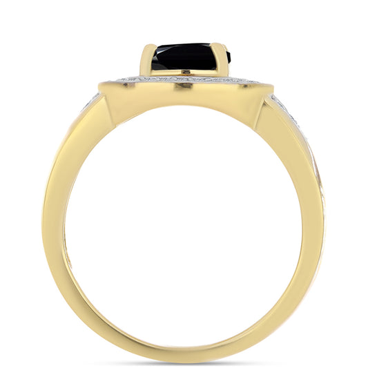 Pozlacené Stříbro 925/1000 - Prsten s Černým Onyxem a Bílým Topazem - Karátové číslo: 2.04. přibližná hmotnost: 4.62 gramů