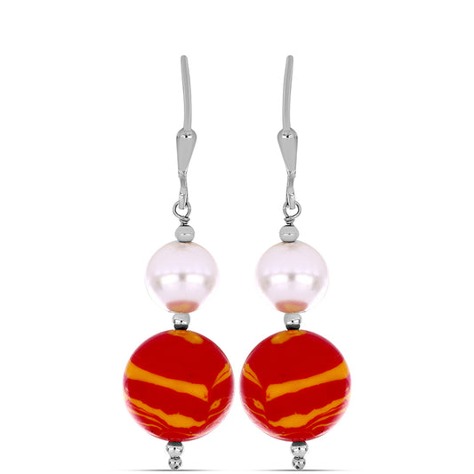 Stříbro 925/1000 - Náušnice s jaspisem (Lví tlapa) a Bílou Sladkovodní Perlou - Karátové číslo: 26.3. přibližná hmotnost: 6.38 gramů