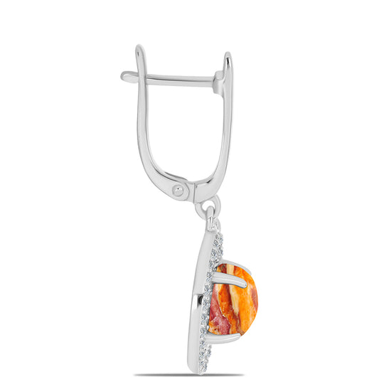 Stříbro 925/1000 - Náušnice s jaspisem (Lví tlapa) a Bílým Topazem - Karátové číslo: 5.04. přibližná hmotnost: 6.34 gramů