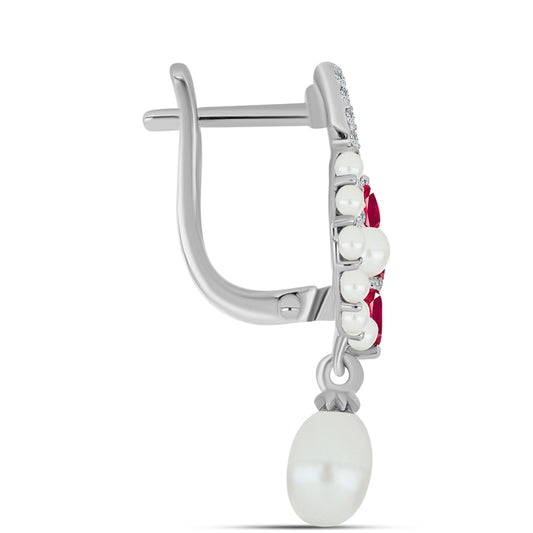 Stříbrné Náušnice s Madagaskarským Rubínem a Bílou Sladkovodní Perlou