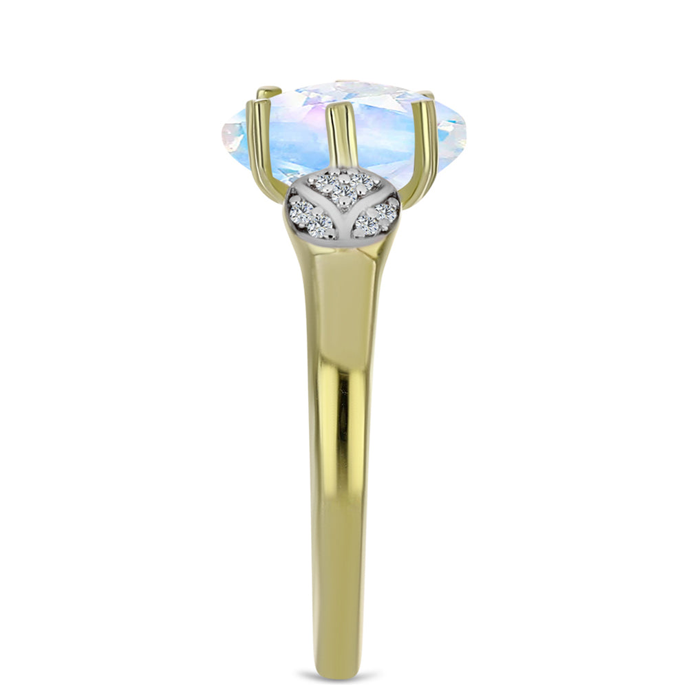 Pozlacené Stříbro 925/1000 - Prsten s Duhovým Měsíčním Kamenem a Bílým Topazem - Karátové číslo: 2.6. přibližná hmotnost: 3.02 gramů