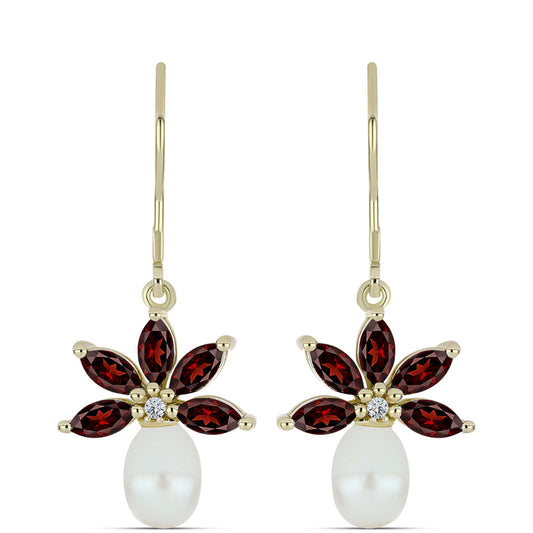 Pozlacené Stříbro 925/1000 - Náušnice s Bartonským Granátem a Bílou Sladkovodní Perlou - Karátové číslo: 5.27. přibližná hmotnost: 3.81 gramů