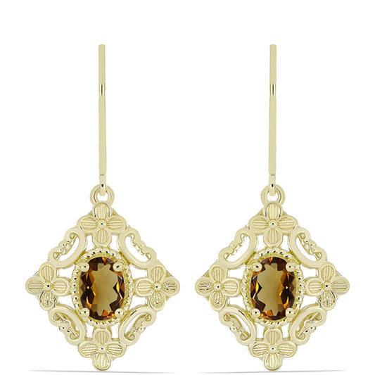 Pozlacené Stříbro 925/1000 - Náušnice s Koňakovým Křemenem - Karátové číslo: 1.44. přibližná hmotnost: 5.92 gramů