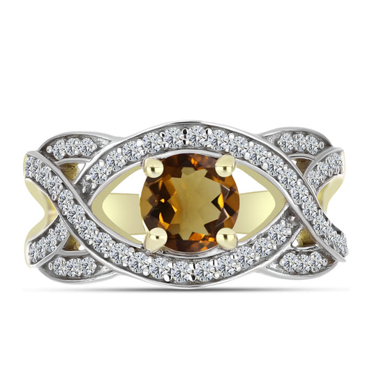 Pozlacené Stříbro 925/1000 - Prsten s Koňakovým Křemenem a Bílým Topazem - Karátové číslo: 1.41. přibližná hmotnost: 3.62 gramů