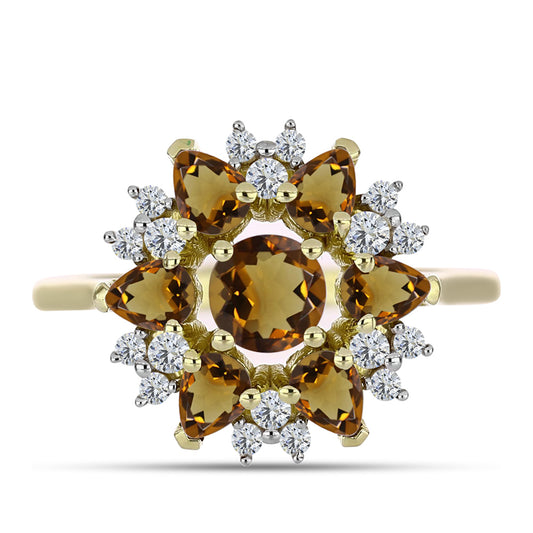 Pozlacené Stříbro 925/1000 - Prsten s Koňakovým Křemenem a Bílým Topazem - Karátové číslo: 1.63. přibližná hmotnost: 3.33 gramů