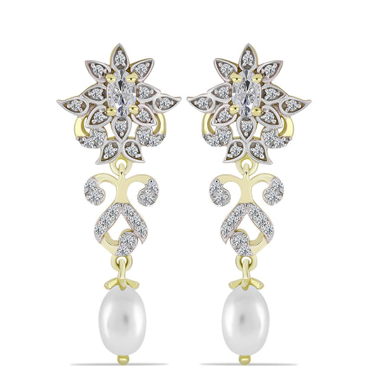 Pozlacené Stříbro 925/1000 - Náušnice s Bílou Sladkovodní Perlou a Bílým Topazem - Karátové číslo: 3.77. přibližná hmotnost: 5.14 gramů