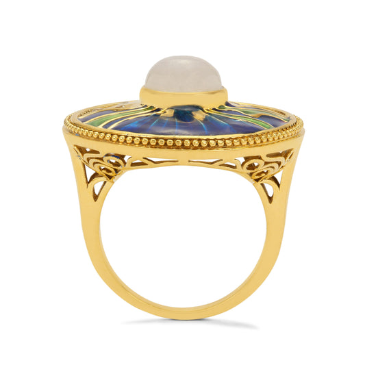 Pozlacené Stříbro 925/1000 - Prsten s Duhovým Měsíčním Kamenem a Bílým Topazem - Karátové číslo: 2.6. přibližná hmotnost: 7.16 gramů