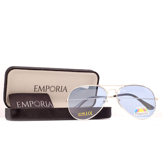 Emporia Italy - série Aviator "LED", polarizované sluneční brýle s UV filtrem, s pevným pouzdrem a čisticím hadříkem, světle hnědé čočky, obroučky zlaté barvy