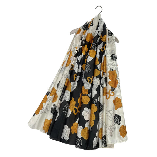 Retro Květinový tisk obrysu 100% hedvábný šátek - oranžový, 90x180 cm