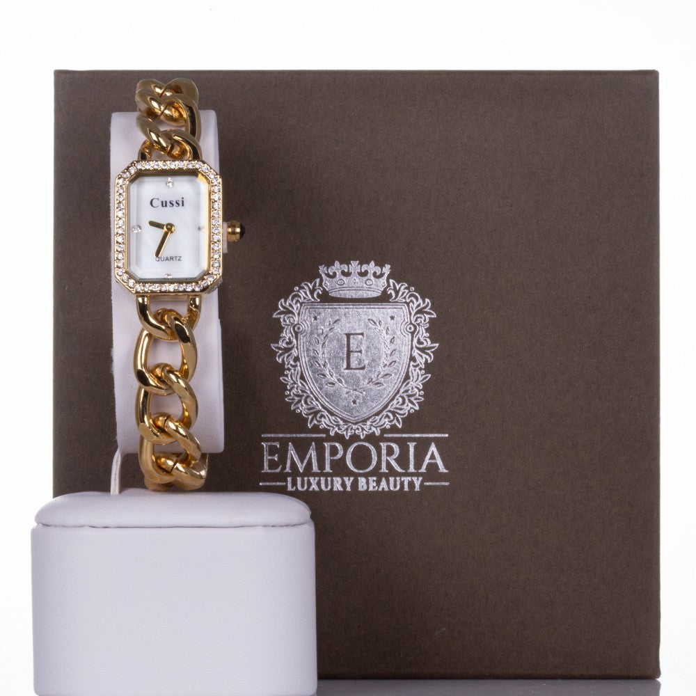 YELLOW GOLD, woman alloy CUSSI watch with quartz crystals + crystals around the dial, chain strap with Gift box