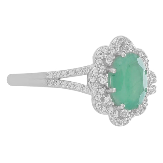 Stříbro 925/1000 - Prsten s Brazilským Smaragdem a Bílým Topazem - Karátové číslo: 1.46. přibližná hmotnost: 2.67 gramů