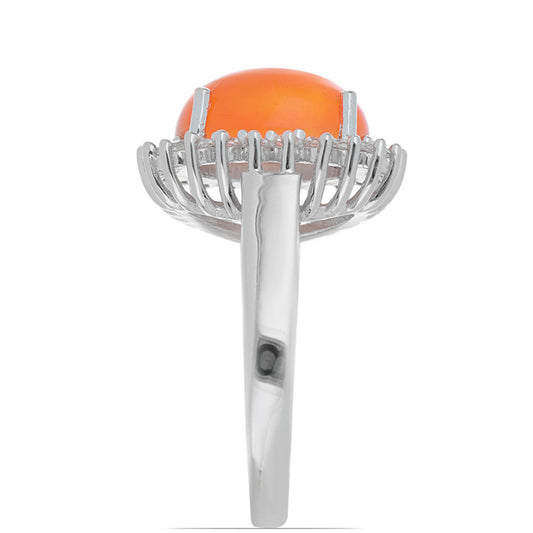 Stříbro 925/1000 Prsten s Oranžovým Opálem z Lega Dembi a Bílým Topazem - Karátové číslo: 2.86. přibližná hmotnost: 4.64 gramů