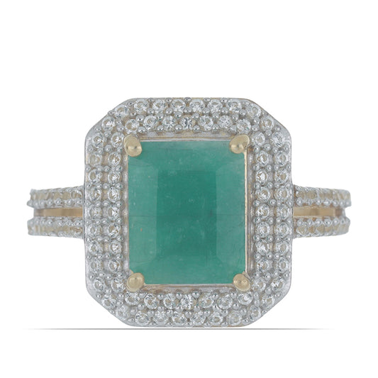 Pozlacené Stříbro 925/1000 - Prsten s Brazilským Smaragdem a Bílým Topazem - Karátové číslo: 3.98. přibližná hmotnost: 4.72 gramů